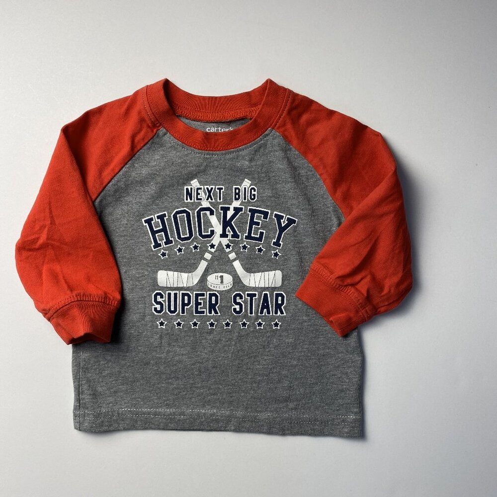 Carter's Gray & Red "Next Big Hockey Super Star" Long-Sleeve Raglan Tee 6M